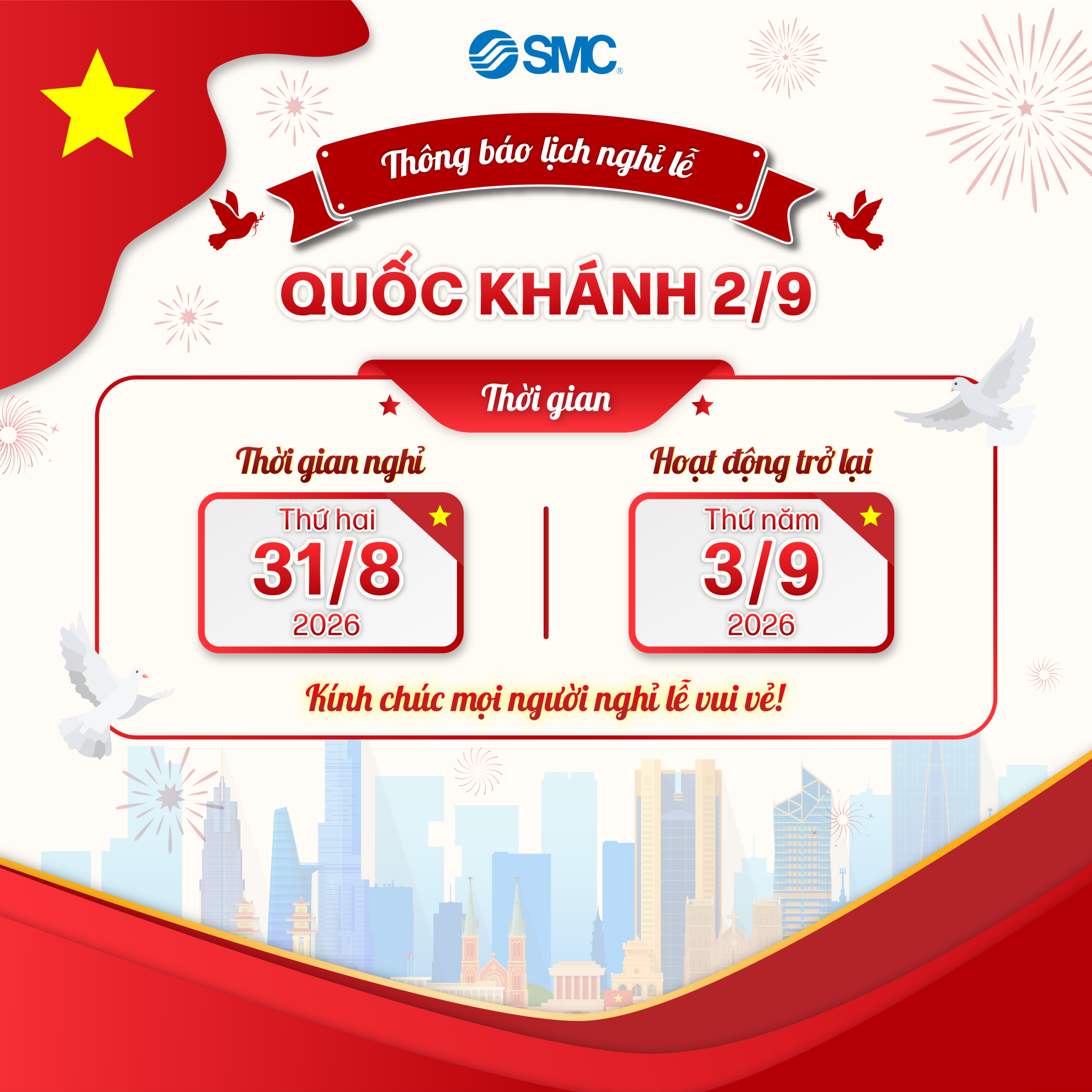 SMC Corporation Việt Nam thông báo lịch nghỉ lễ Quốc khánh 2/9 năm 2026